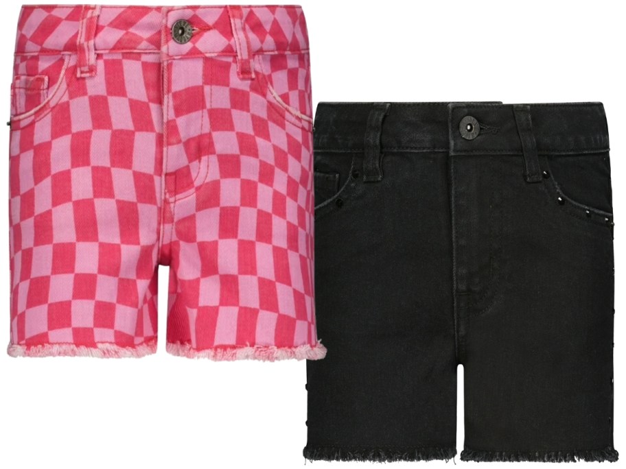 girl's denim shorts in pink checkered and solid black