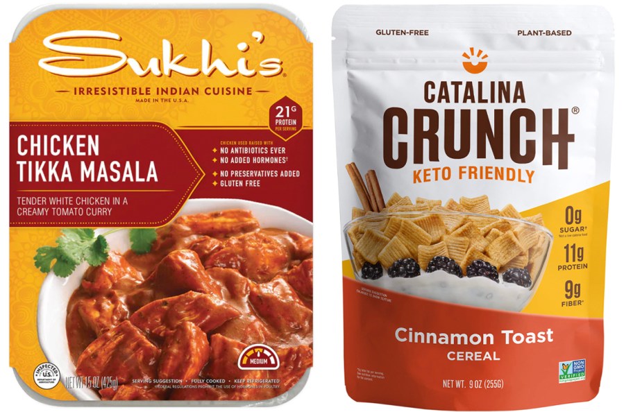 sukhi's frozen entree and catalina crunch keto cereal bag