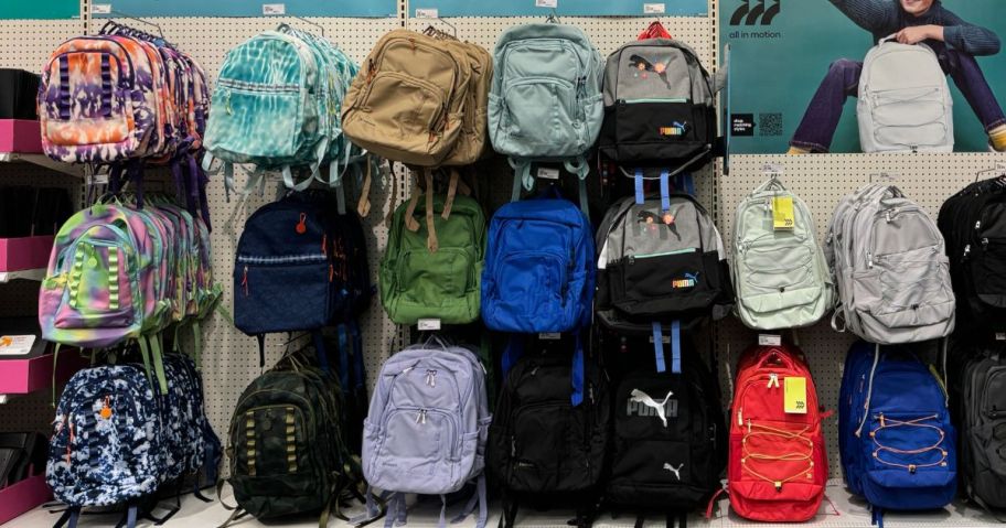 backpacks on display in store