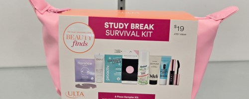 pink ulta ultimate survival kit sitting on shelf in store