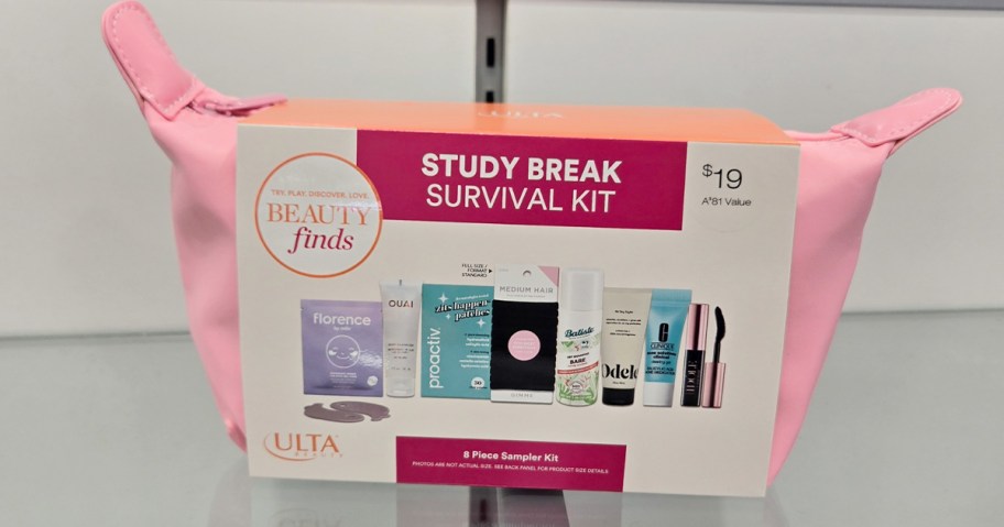 pink ulta ultimate survival kit sitting on shelf in store