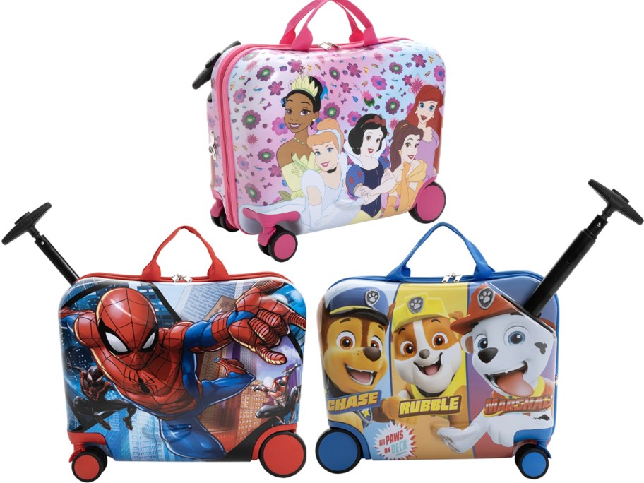 disney princess, spiderman, and paw patrol rideon suitcases 