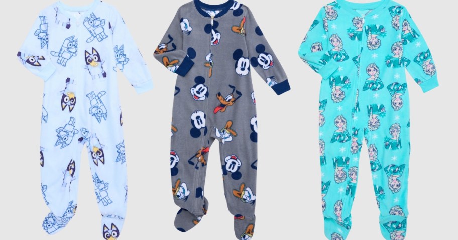 3 toddler footie pajamas with Bluey, Mickey Mouse, and Frozen characters