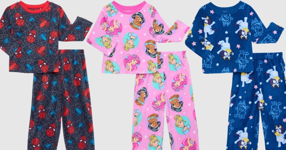 3 pairs of toddler pajama long sleeve top and pants sets with Spiderman, Disney Princess, and Bluey on them