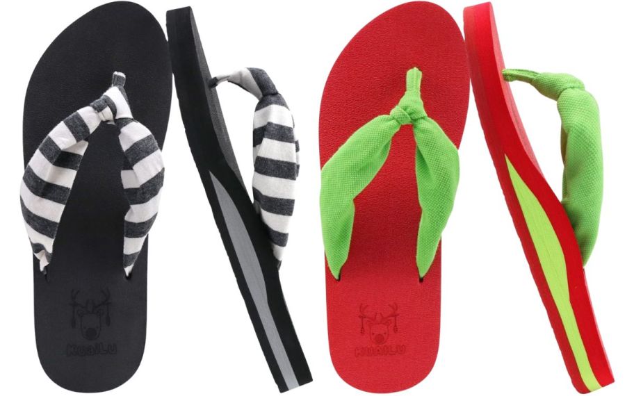 two pair of womens flip flops in 2 different colors