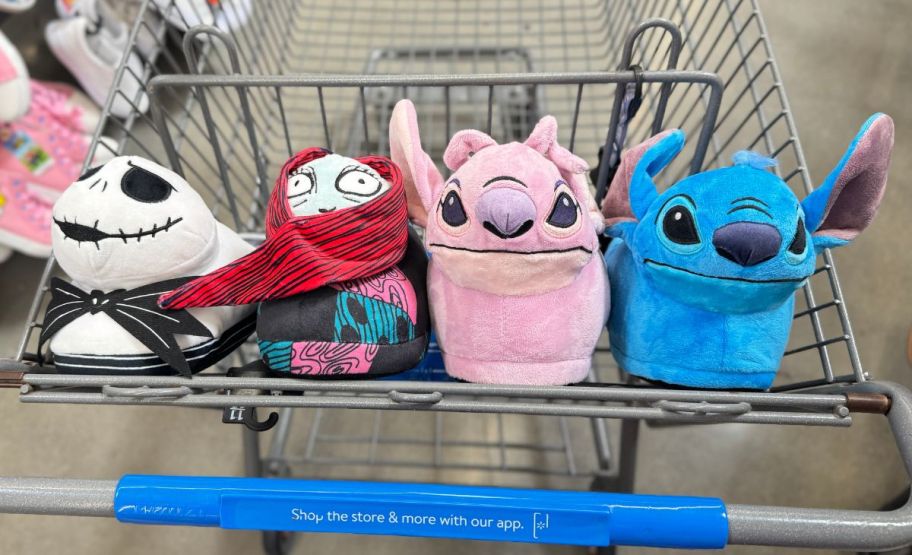 a pair of nightmare before christmas slippers along with stitch slippers in a walmart shopping cart