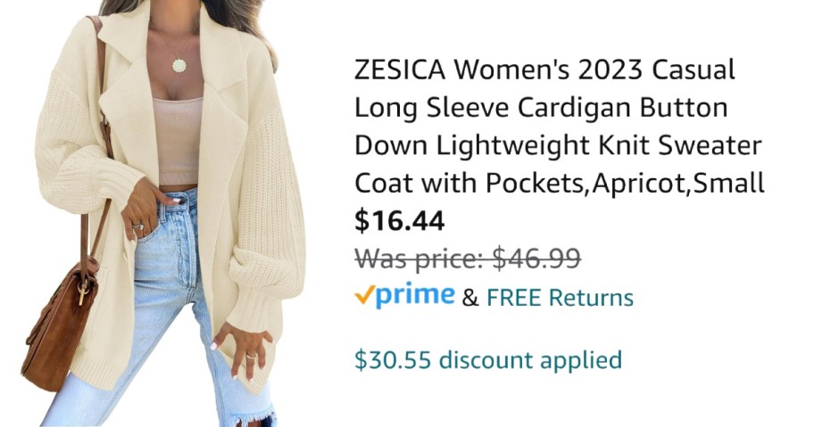 woman wearing beige cardian with lapels next to Amazon pricng information