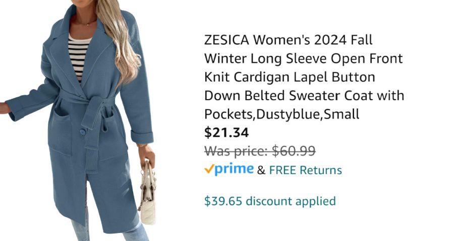 woman wearing blue coatigan next to Amazon pricing information