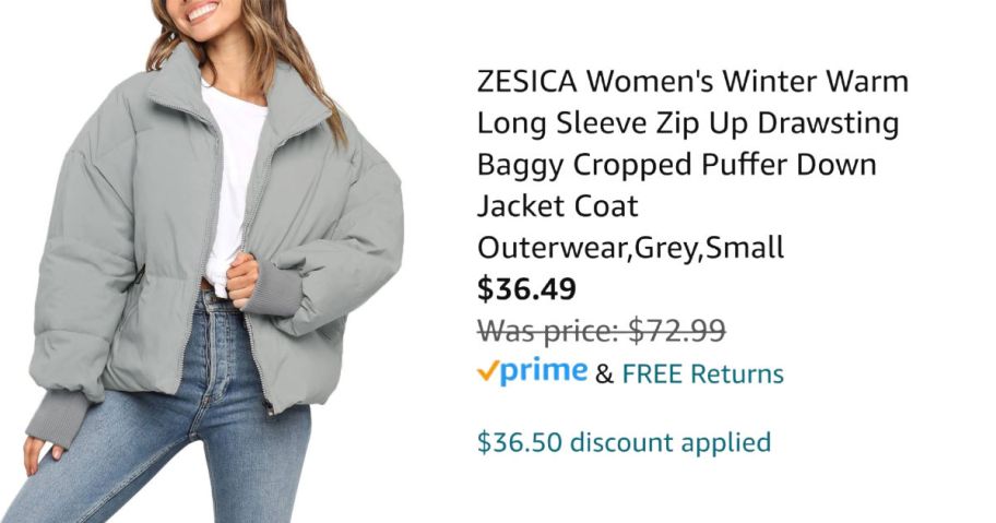 woman wearing gray coat next to Amazon pricing information