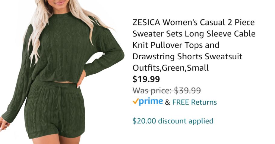 woman wearing green outfit next to Amazon pricing information