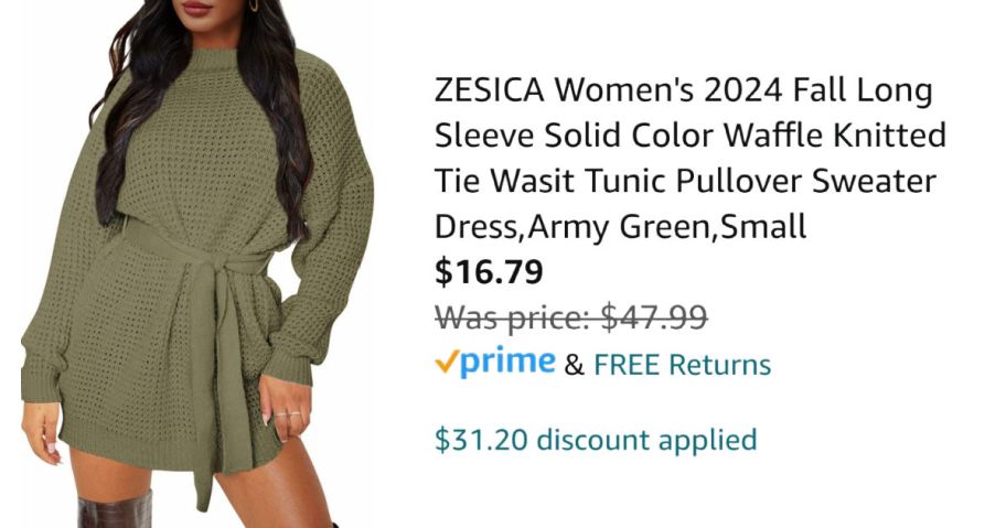 woman wearing green dress next to Amazon pricing information