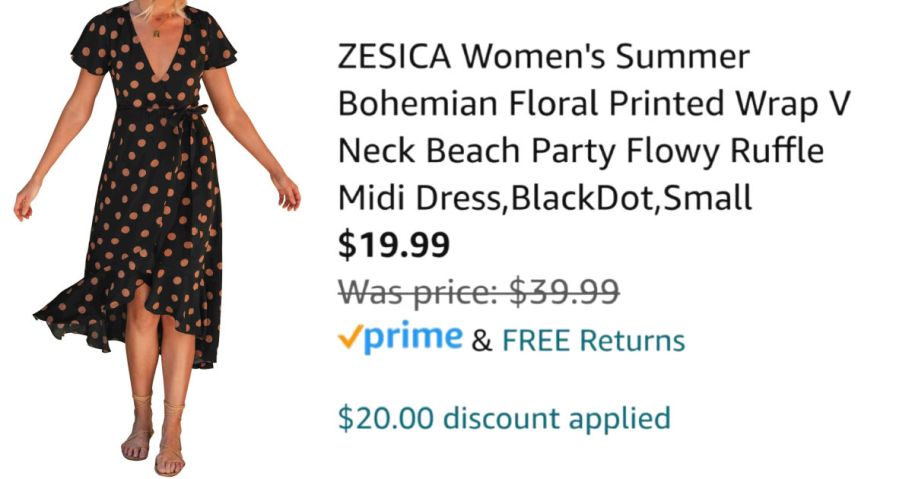 woman wearing black dress next to Amazon pricing information