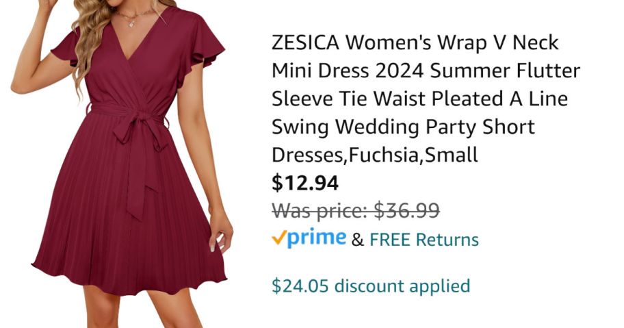 woman wearing red dress next to Amazon pricing information