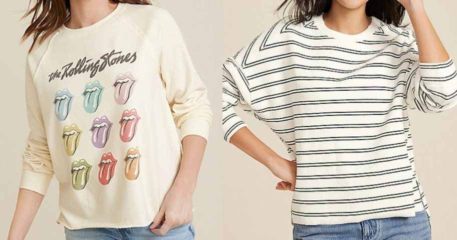 woman wearing a cream color Rolling Stones logo sweatshirt and woman wearing and off white and black stripe sweatshirt