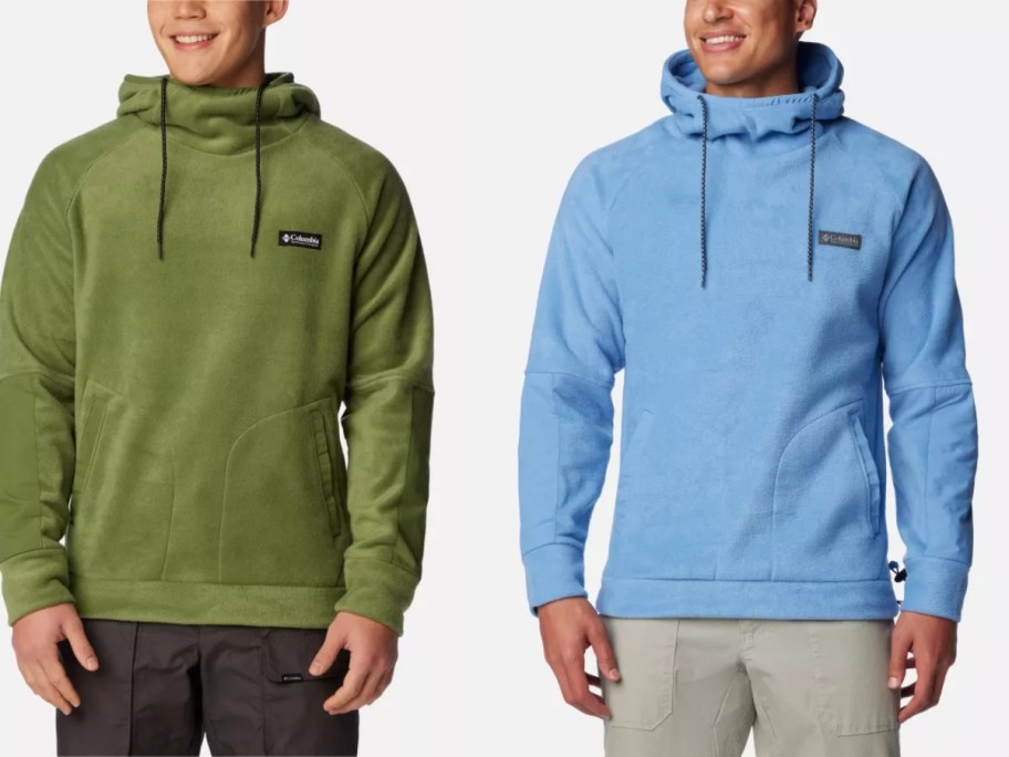 men wearing green and light blue Columbia hoodies