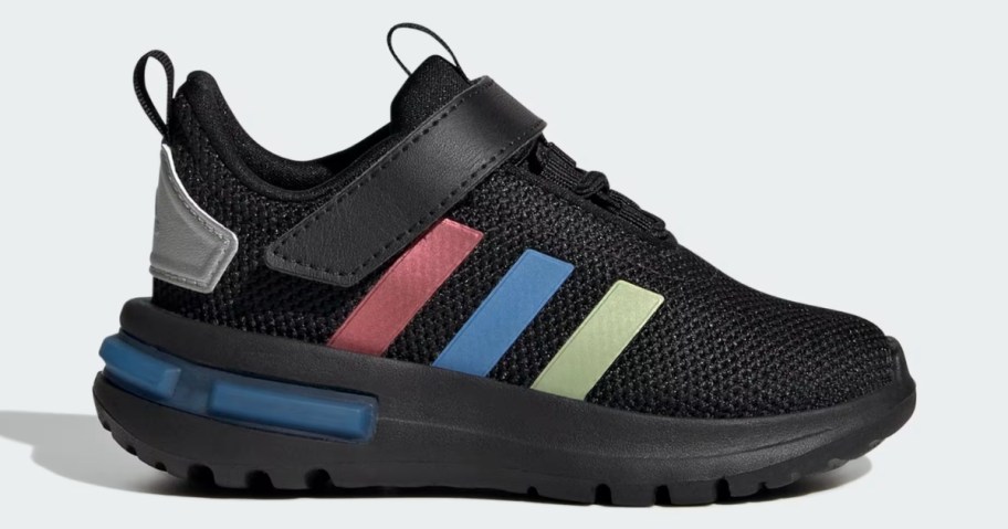 toddler's adidas shoe in black with red, blue, and yellow accents