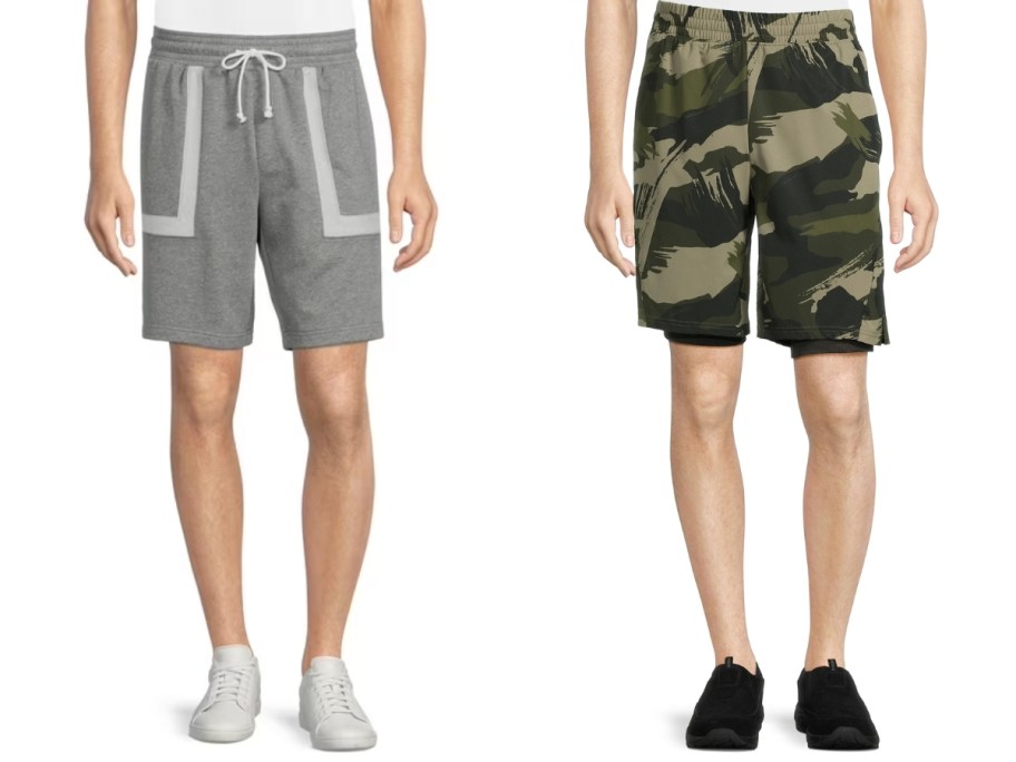 man's legs wearing grey and white terry shorts and man's legs wearing green camo shorts