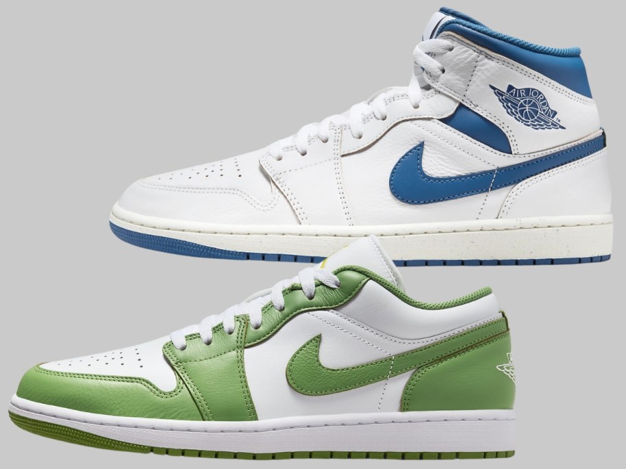 men's white and blue mid top Nike Jordan shoe and men's green and white Nike Jordan low top shoe