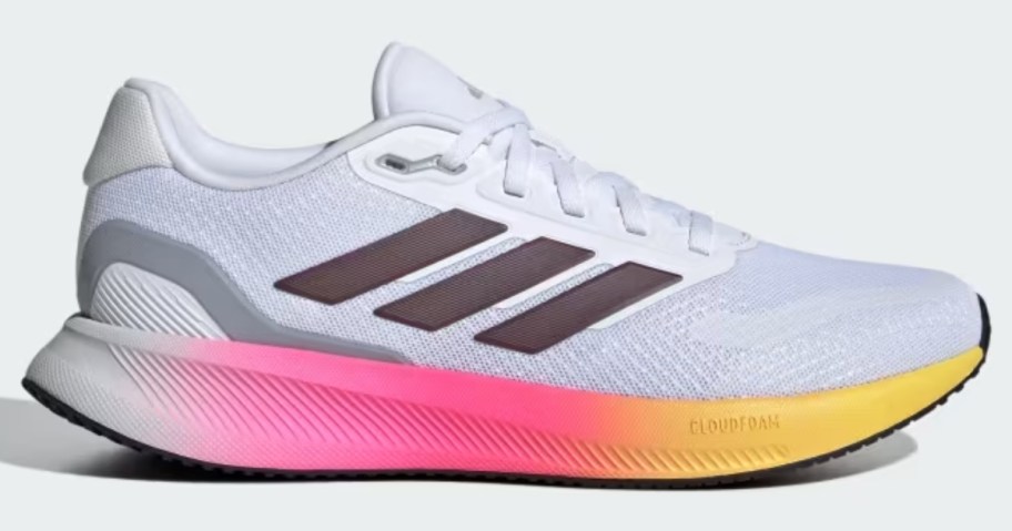 women's white adidas shoes with pink, yellow and brown accents