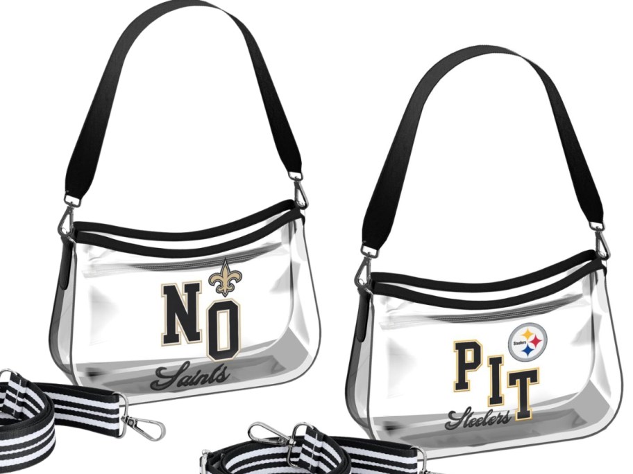 clear NFL team mini purses with additional striped straps to the side - New Orleans Saints bag and Pittsburgh Steelers bag