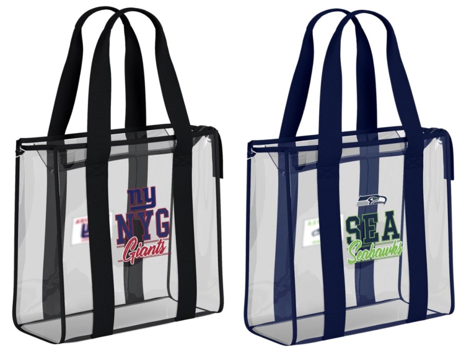 2 clear tote bags with NFL team names on them, NYC Giants and Seattle Seahawks