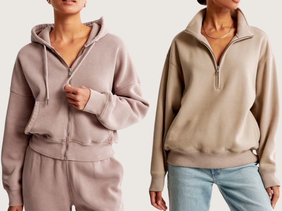 woman wearing a taupe full zip hoodie and sweatpants and woman wearing a tan half zip wide collar pullover with jeans