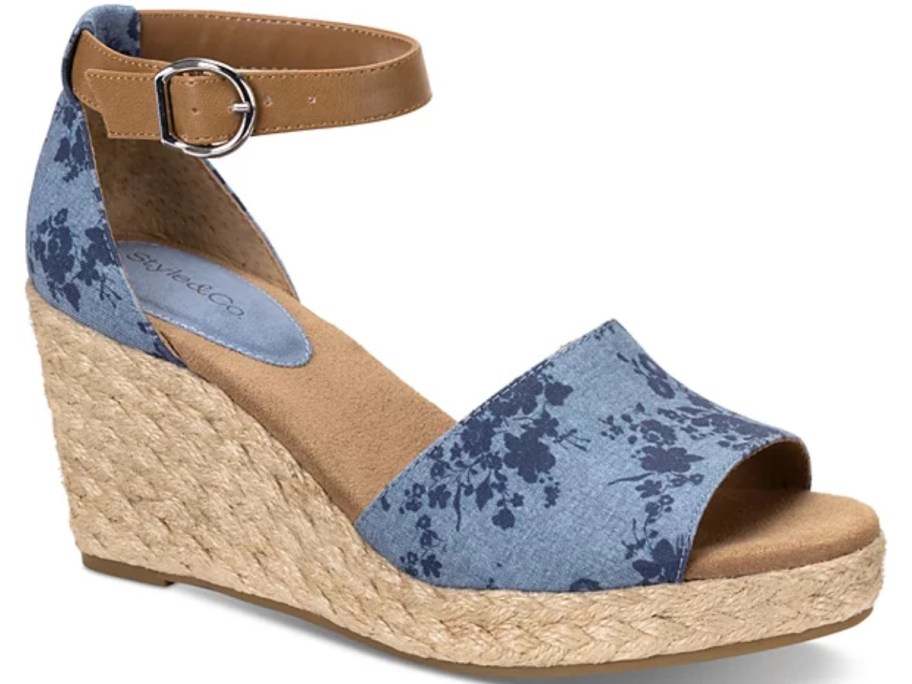 women's wedge platform sandal with blue floral top and heel