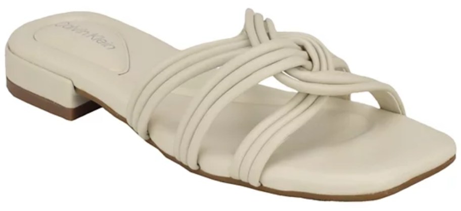 cream color women's flat slide sandal with strappy knot details