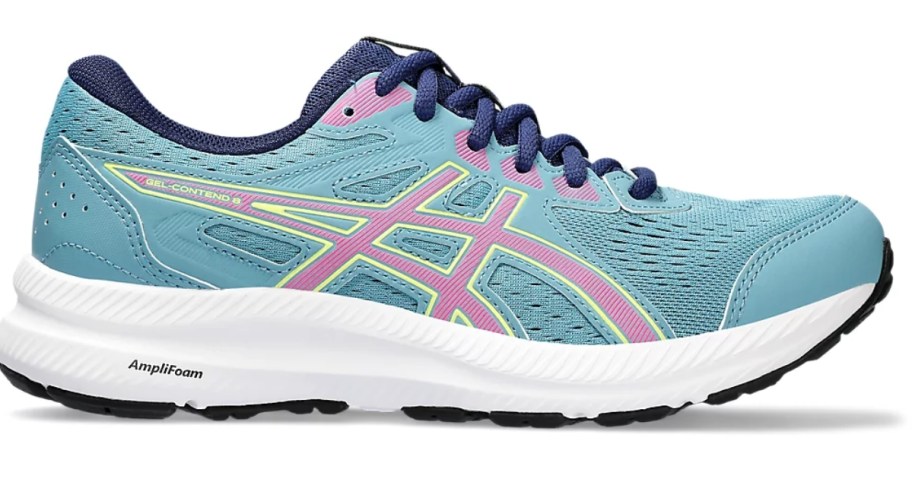 women's blue, pink, yellow, and white ASICS running shoe