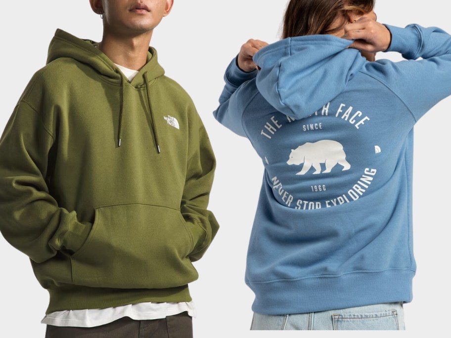 man wearing an olive green The North Face Hoodie and woman's back showing the logo on a blue The North Face Hoodie