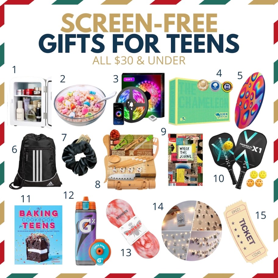 collage graphic of screen free gifts for teens all $30 and under