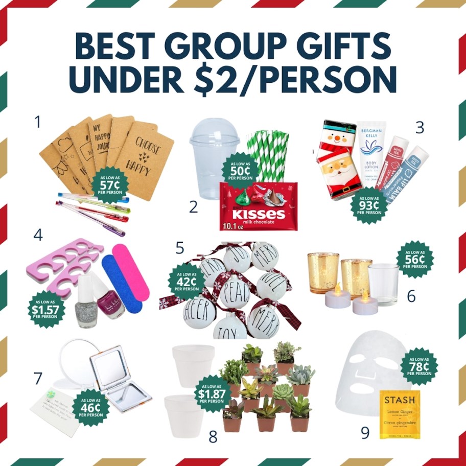 collage of group gift ideas under $2 per person