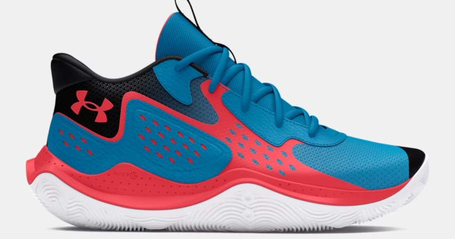 a blue, red, white, and black adult's Under Armour basketball shoe