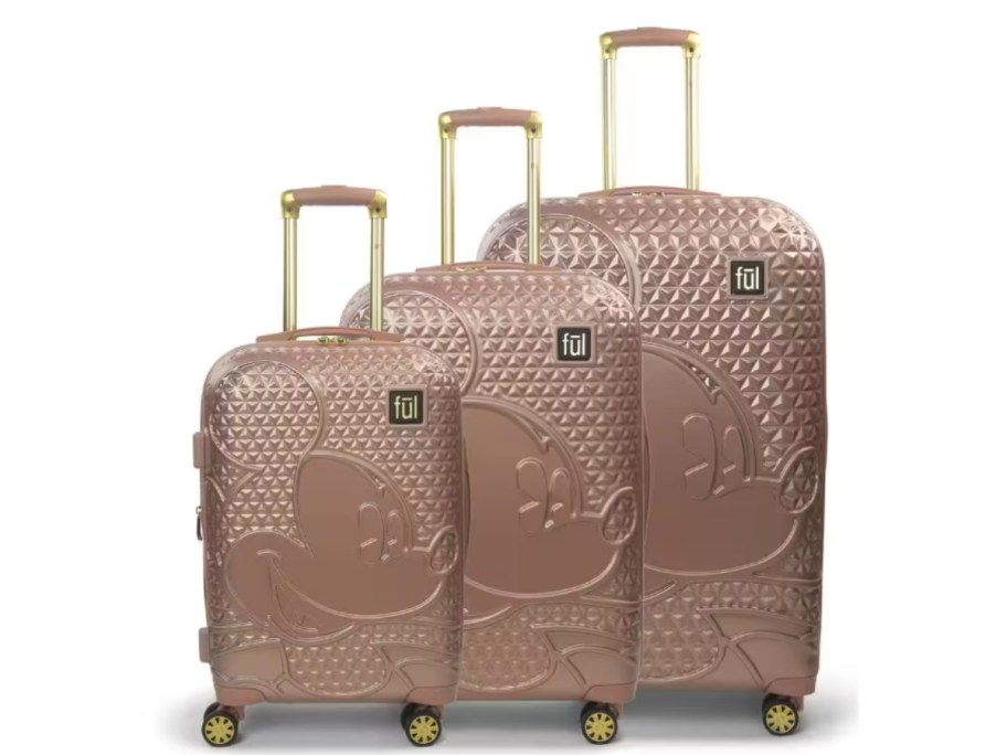 set of 3 hardsided rose gold Disney Mickey Mouse head luggage