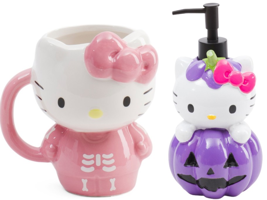 Hello Kitty Skeleton Coffee mug and Hello Kitty Purple Pumpkin Soap Dispenser