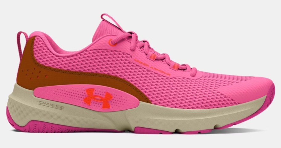 pink Under Armour women's running shoe with burgundy and orange accents