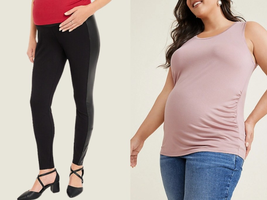 pregnant woman wearing black maternity jeans and pregnant woman wearing a pink sleeveless top and jeans