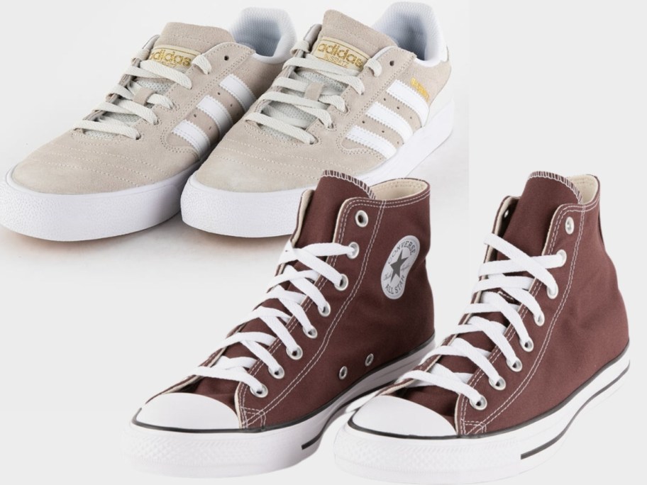 men's tan and white adidas sneakers and dark red Converse Chuck Taylor sneakers