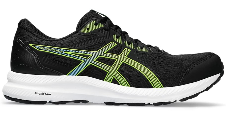 black, white and yellow ASICS men's running shoe