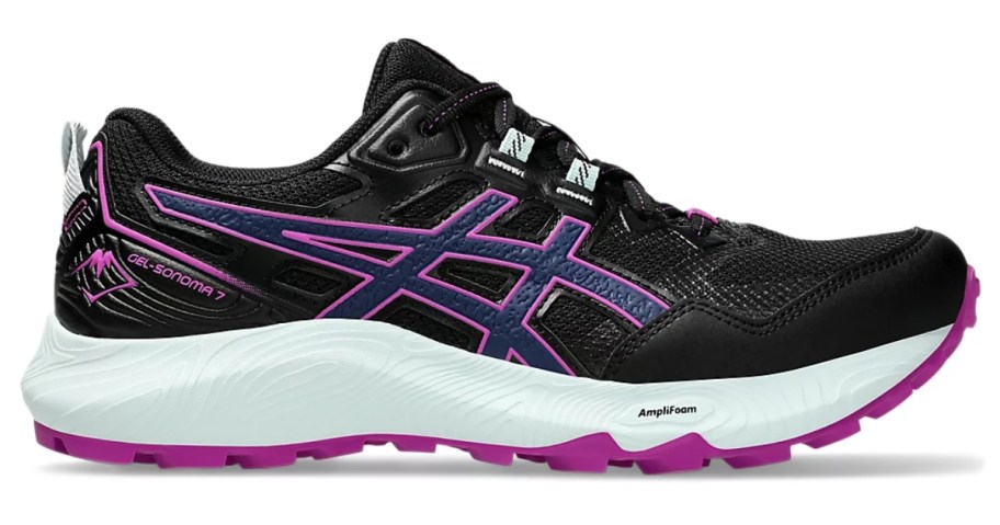 black, white and purple women's ASICS running shoe