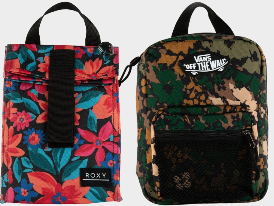 pink floral Roxy lunch bag and green camo Vans lunch bag