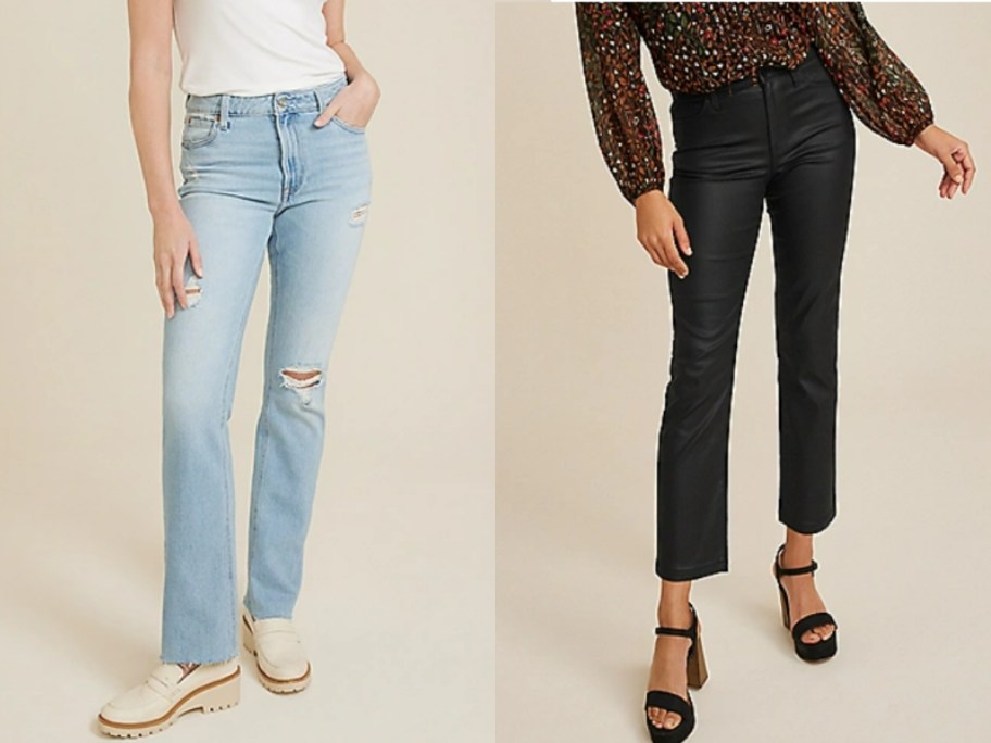 woman wearing light blue faded ripped jeans and woman wearing cropped dark wash jeans