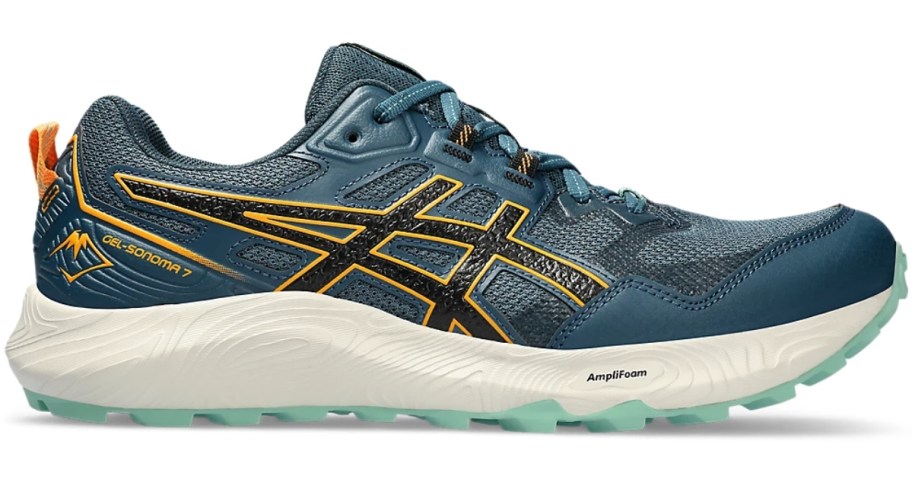 blue, green, black, and yellow men's ASICS running shoe