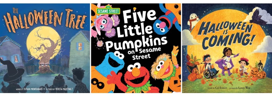 3 kids books lined up - The Halloween Tree Hardcover Book, Halloween Is onlineing! Hardcover Book and Five Little Pumpkins on Sesame Street Hardcover Book