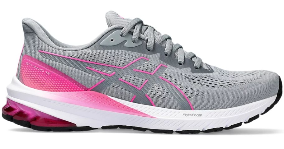 grey, pink, and white women's ASICS running shoe