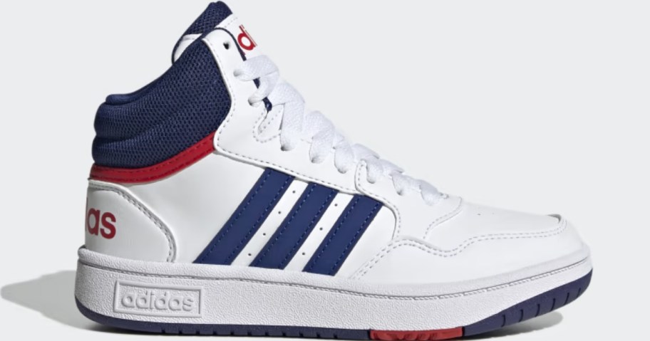 kid's white, blue, and red adidas mid top shoe