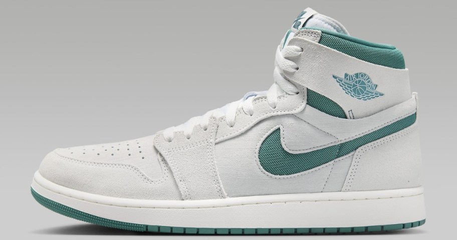 white and teal green men's Nike Air Jordan high top shoe