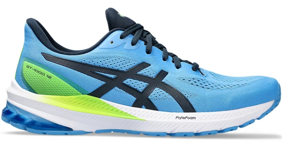 light blue, navy, yellow, and white men's ASICS running shoe