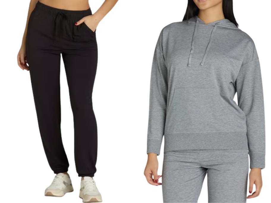 woman wearing black joggers and woman wearing a grey hoodie