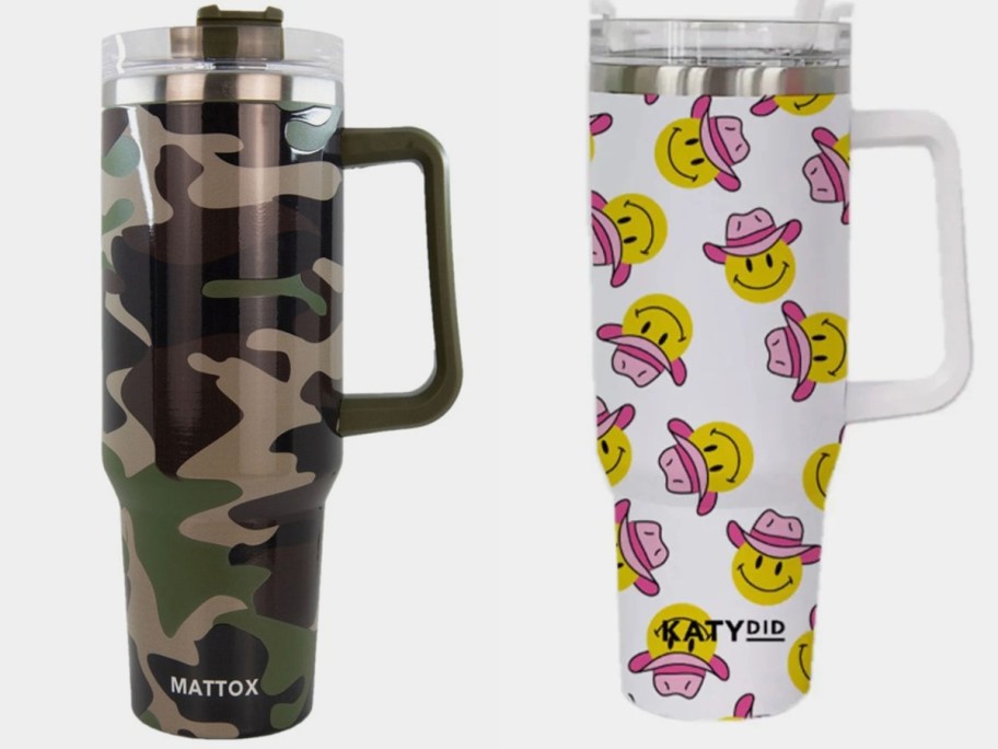 40 oz travel tumblers, on in green camo and one in white with smiley faces wearing cowboy hats